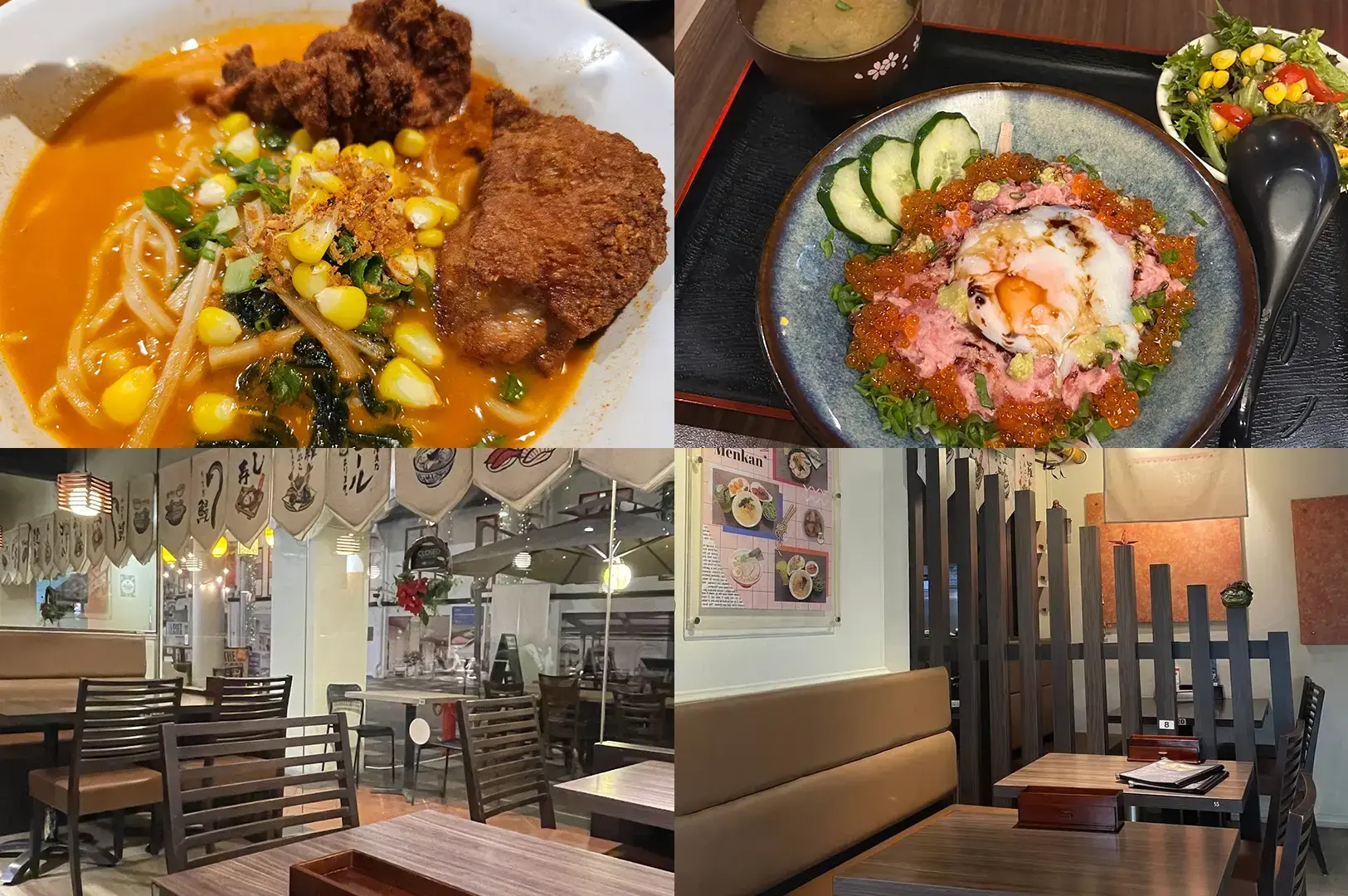 Beppu Menkan interior and dishes including spicy tan tan ramen with fried chicken and salmon tartare rice bowl.