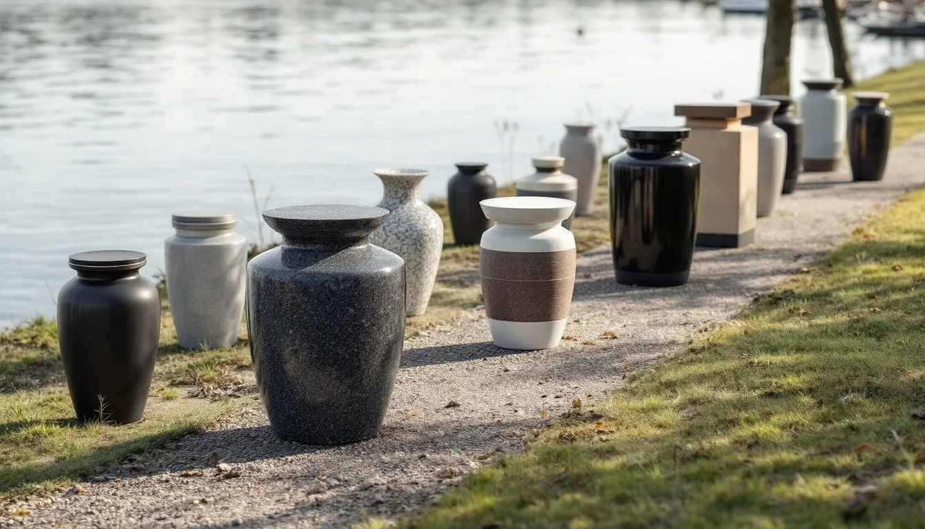 Verschiedene Urnen für die Rheinbestattung, die am Ufer präsentiert werden.