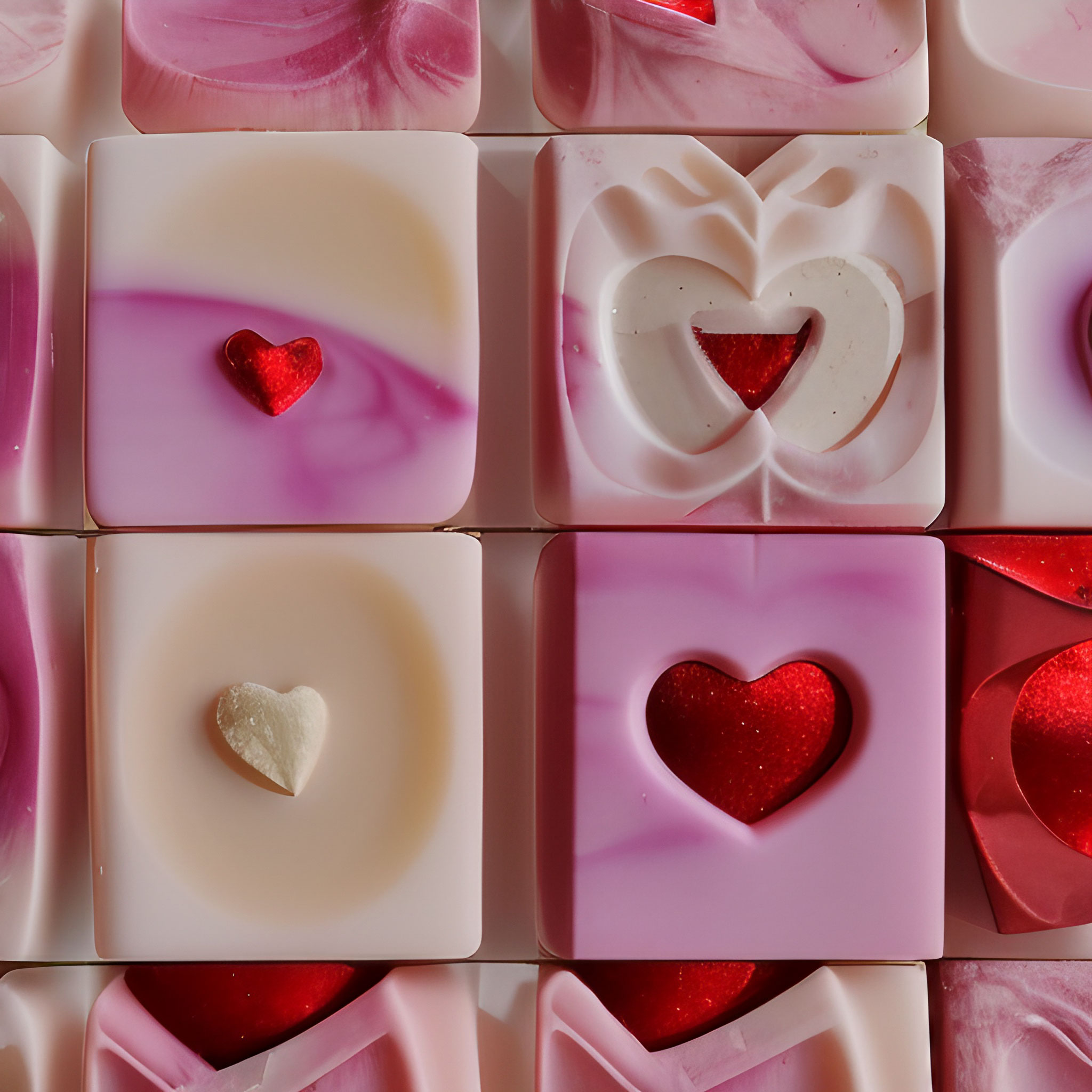 handmade soap mix with happy heart motif in pink and cream to show love for Valentine's Day