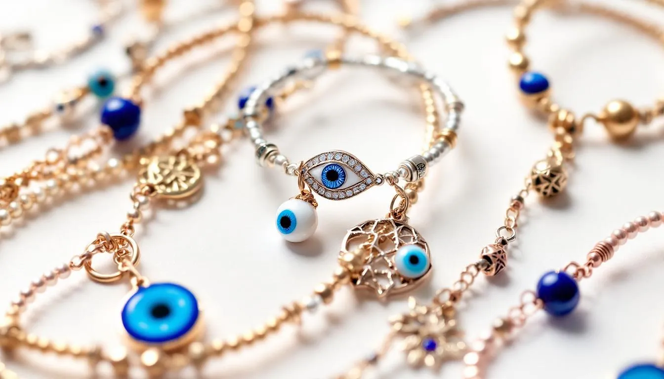 The image showcases a stunning collection of evil eye bracelets crafted from various materials, including gold, silver, and rose gold. Each piece features unique designs, from simple beaded styles to elaborate charms, symbolizing protection against negative energy while adding a touch of sophistication to any jewellery lover's look.