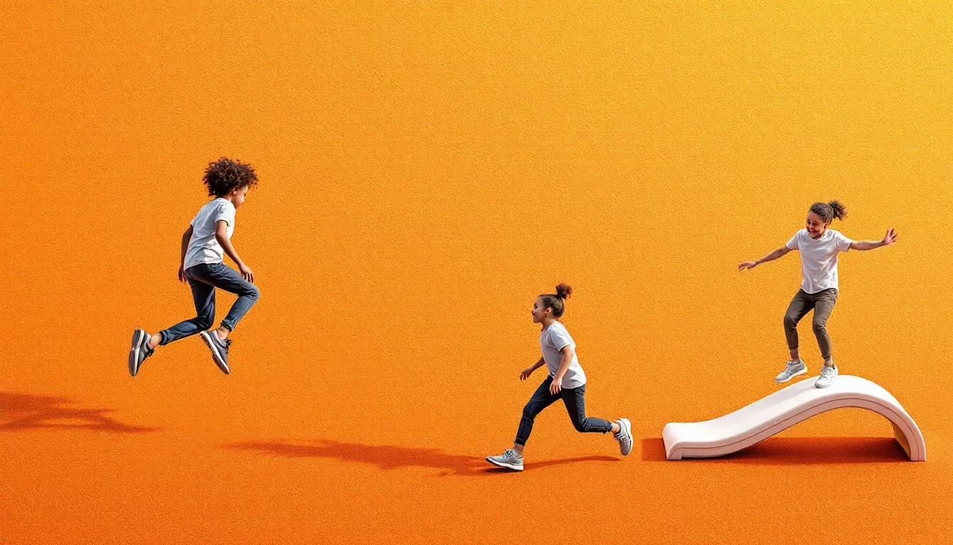 Children playing on a playground surface made of rubber crumb.