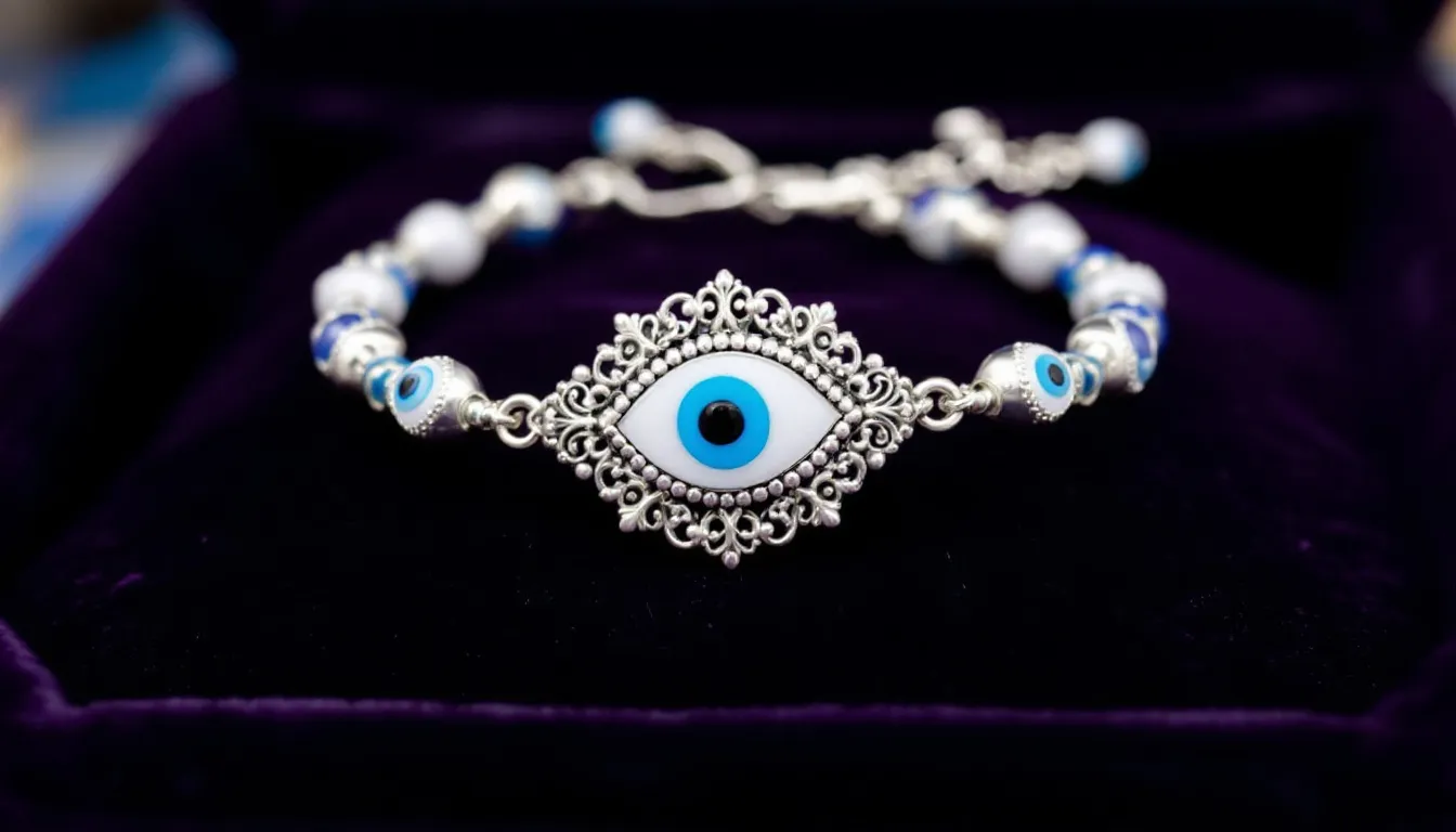 A collection of custom evil eye bracelets is displayed at Saras Beads & Jewellery, showcasing various styles with vibrant colours and gold accents. Each bracelet features an evil eye charm designed for protection, making them perfect for gifting or personal wear.