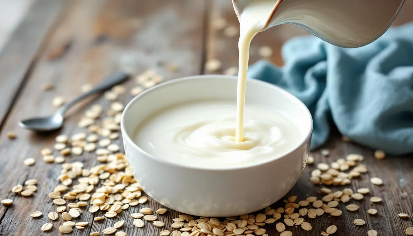 Fresh goat milk is being poured onto a rustic wooden surface, surrounded by scattered oats, highlighting the natural ingredients used in goat milk soap. This scene emphasizes the moisturizing properties of goat milk and oatmeal, ideal for gentle cleansing and soothing sensitive skin.