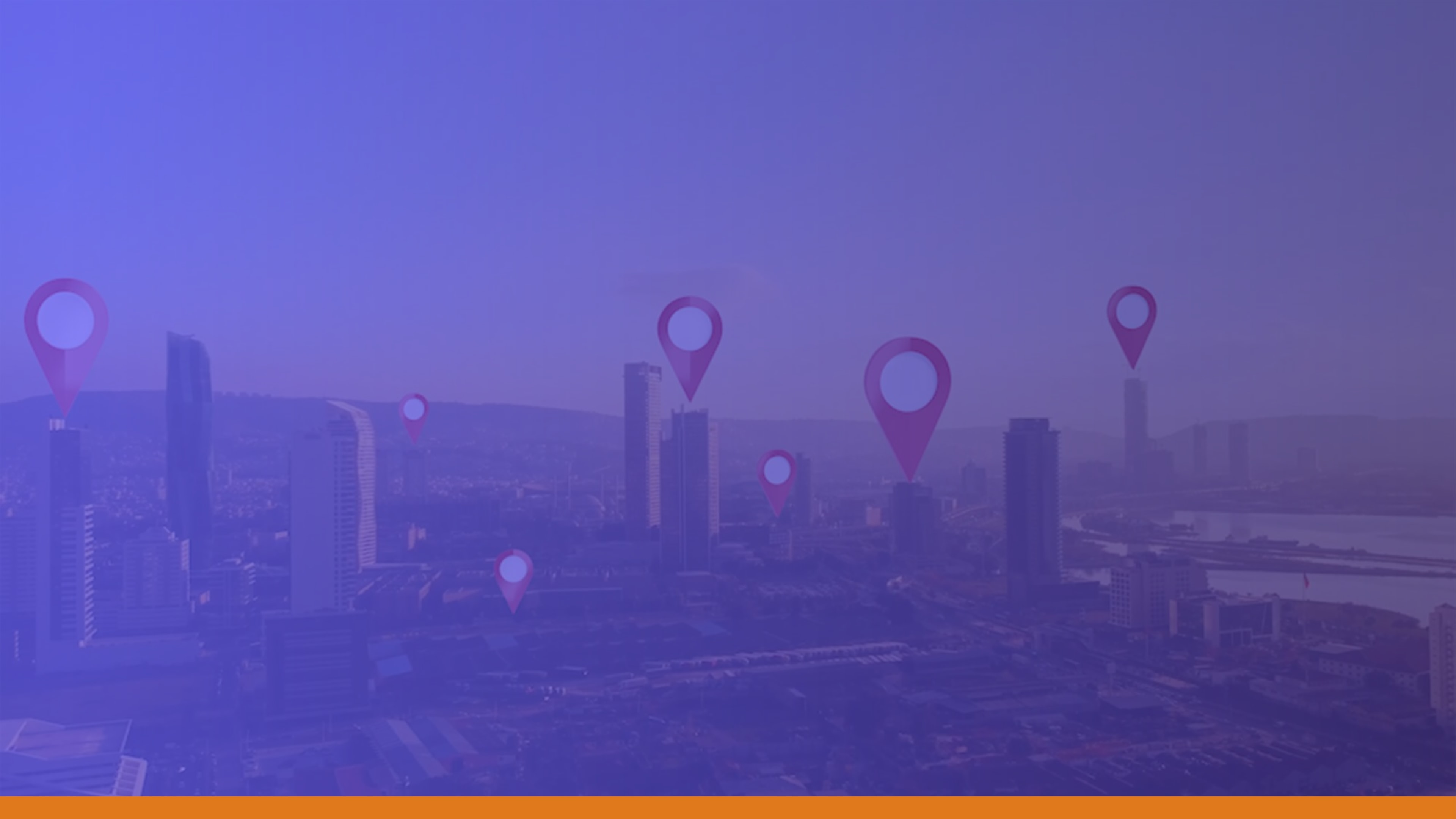 City skyline with location pins over buildings, symbolizing different locations and the need for effective communication systems.