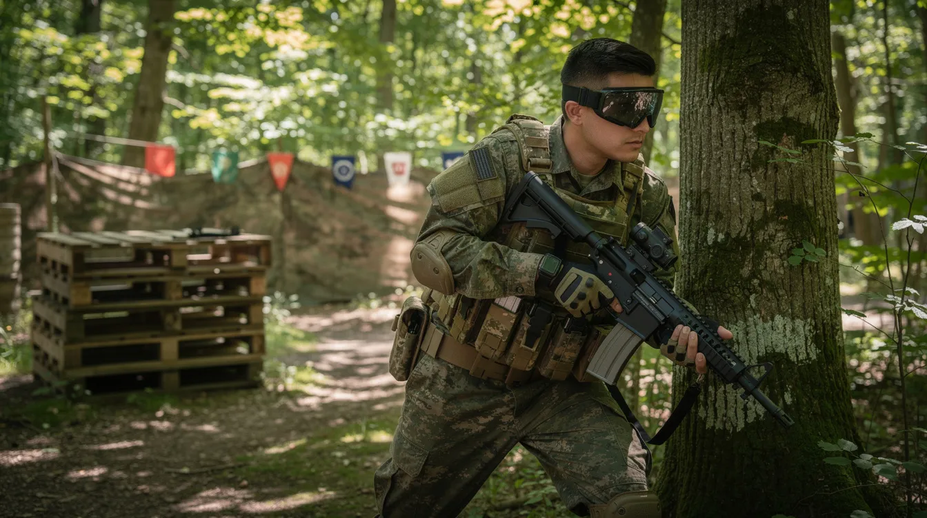 The image shows a person in woodland attire, holding an airsoft electric rifle at a skirmish site, surrounded by trees and foliage. This scene captures the excitement of airsoft enthusiasts engaging in a tactical match, showcasing the gear and equipment essential for the hobby.