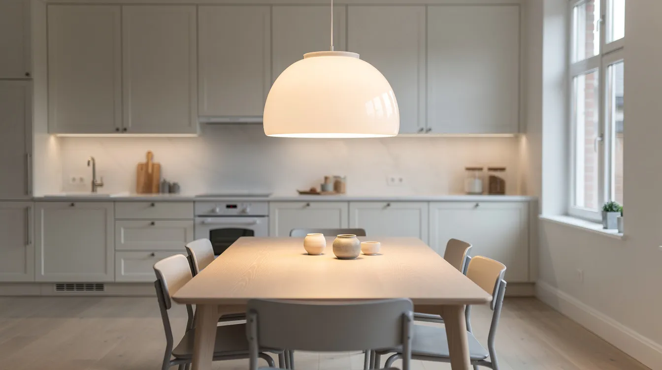 En hängande glaspendellampa med opalglas är placerad ovanför ett matbord i ett ljust kök, vilket skapar en behaglig allmänbelysning. Lampan ger rummet en stilren känsla och passar perfekt för att lysa upp middagar och samkväm.