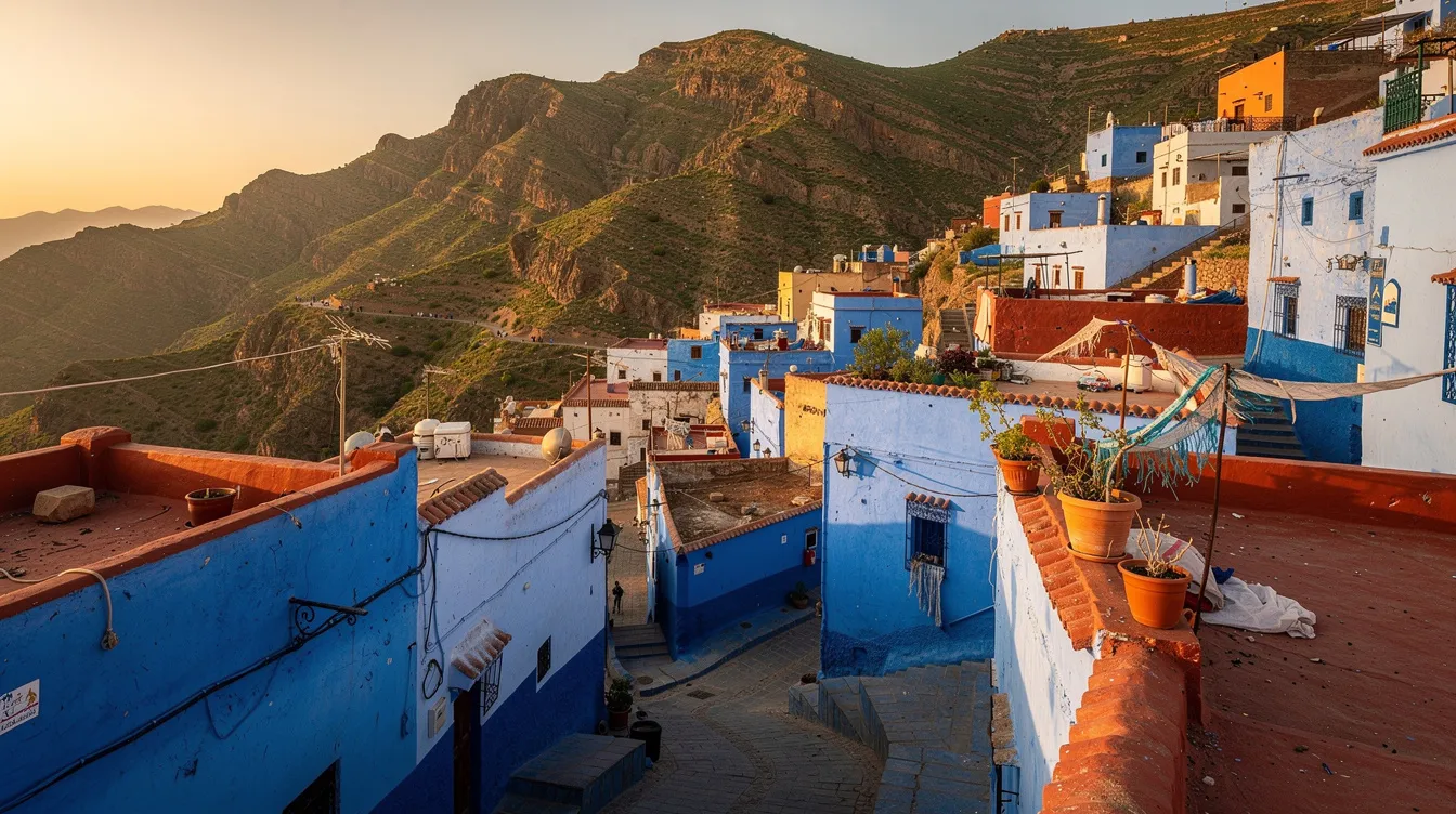The image showcases a picturesque view of blue-painted buildings cascading down a hillside in a Moroccan mountain town, complemented by terracotta rooftops. This vibrant scene reflects the unique architecture and local culture, inviting travelers to explore the hidden gems of Morocco, especially in the Atlas Mountains.