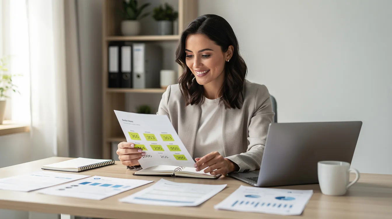 A woman is sitting at her home office desk, reviewing financial documents with a smile, embodying the spirit of women entrepreneurs and local businesses. Her positive demeanor reflects the dedication of women business owners as they navigate their professional journeys.