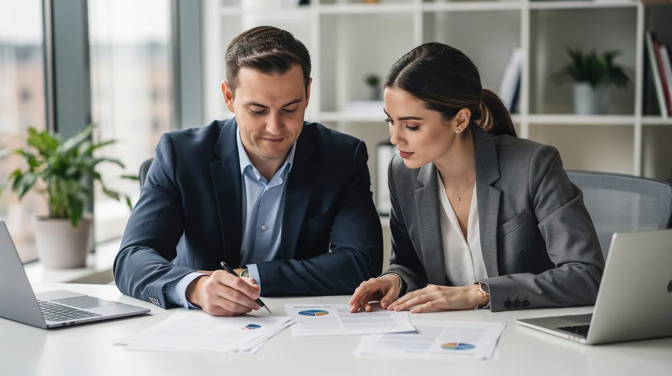 The image depicts two professionals, likely a tax attorney and a certified public accountant, collaborating over documents in an office setting, discussing tax compliance and legal strategies related to tax law. Their focused expressions suggest they are addressing complex tax matters and preparing for potential litigation or tax audits.