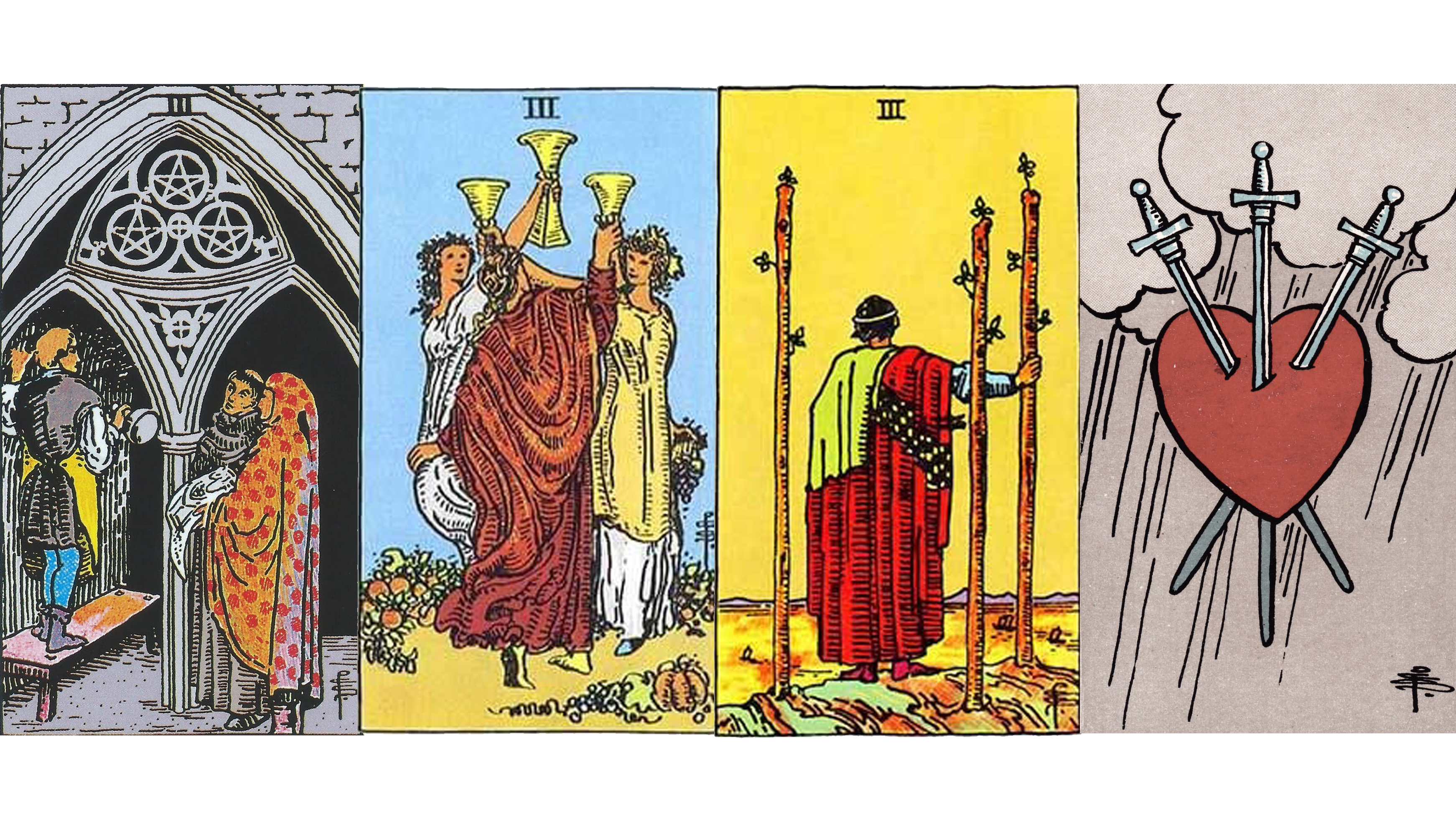 Image of the 4 tarot cards that represent the number 3
