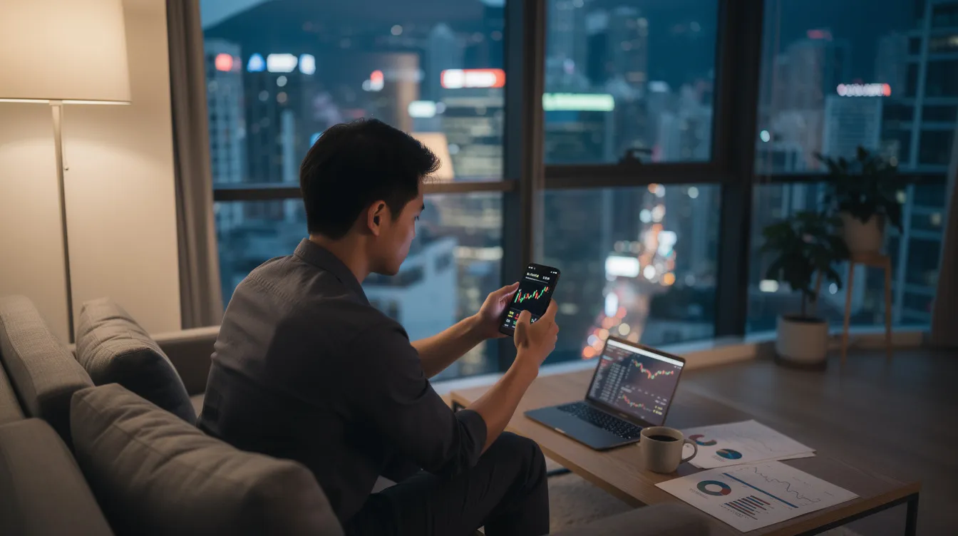 A person is sitting in a modern Hong Kong apartment, using a smartphone to check their financial information, possibly related to 免 tu 貸款 or their 信貸 評 級. The room is stylishly furnished, reflecting contemporary design.