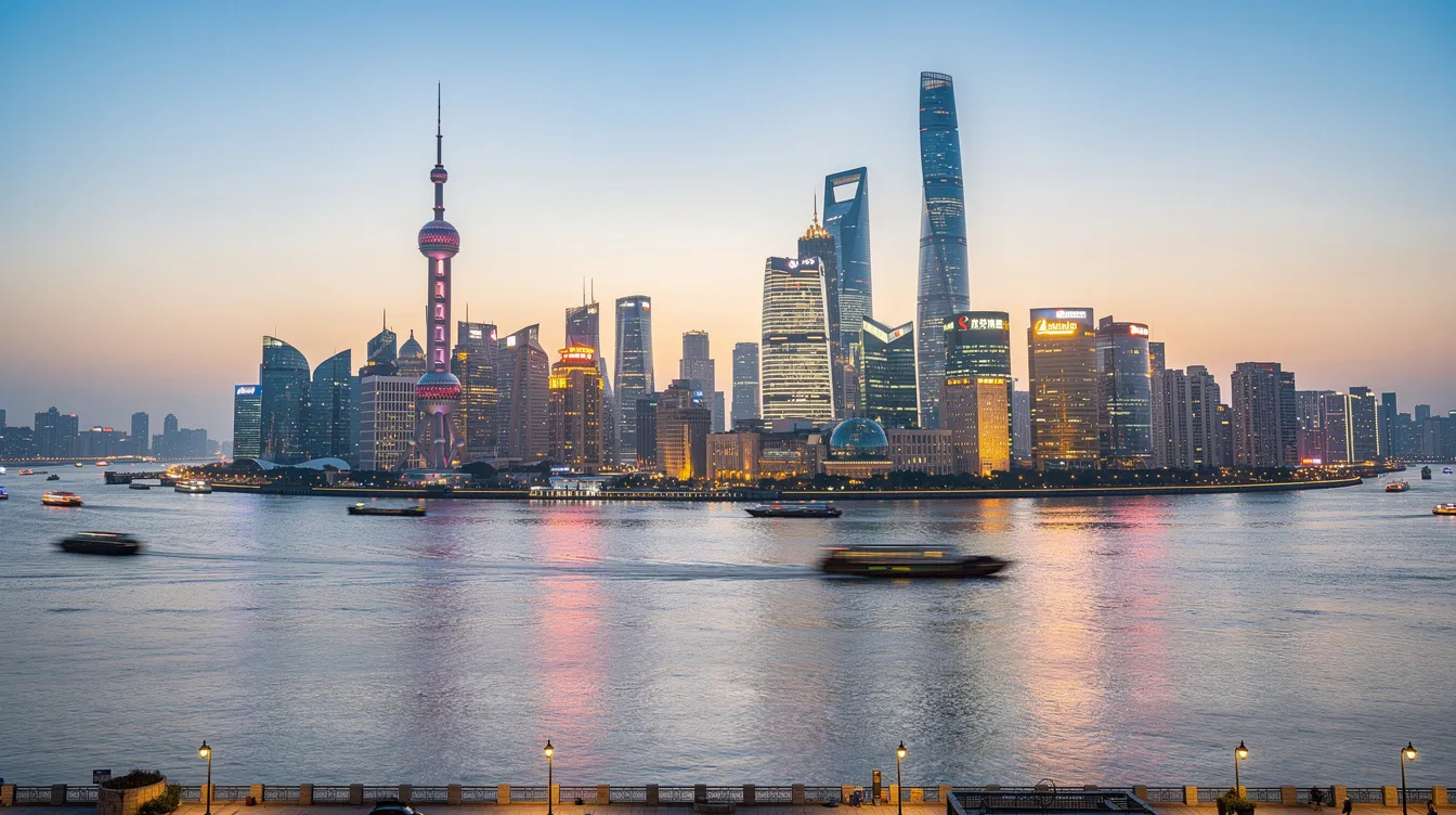 The image depicts the Shanghai Pudong financial district, showcasing a skyline filled with modern towers, including the iconic Oriental Pearl Tower, with the Huangpu River flowing in the foreground. This vibrant area is a hub for global banking and financial services, representing some of the world's largest banks and their significant market capitalization.