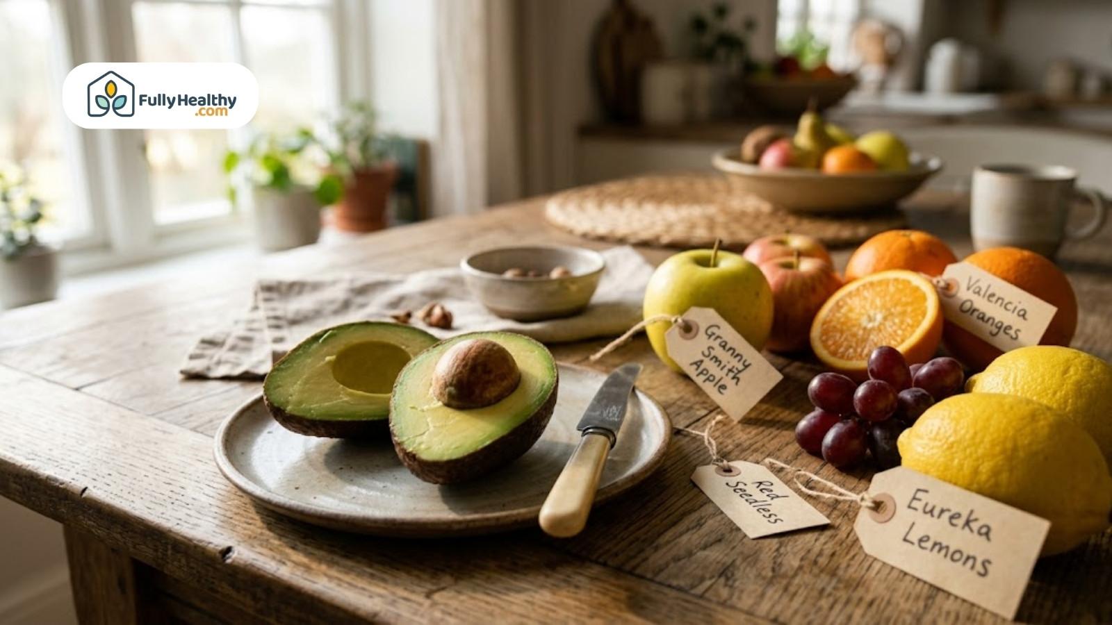Avocado halves with assorted labeled fruits on rustic wooden kitchen table