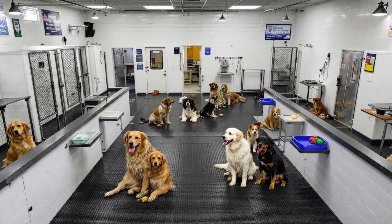 The image depicts a professional breeder facility featuring clean kennels and spacious play areas filled with healthy adult dogs, including mini goldendoodles and golden retrievers. The environment is well-maintained, showcasing a commitment to the well-being and socialization of these playful dogs, who are potential new family members for loving homes.