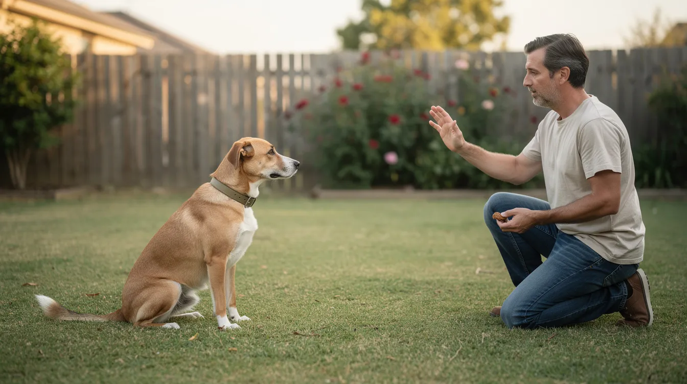 The image depicts a dog in a sit position, focused and attentive to its owner, who is demonstrating a hand signal for the stay command. The scene captures the essence of basic stay training fundamentals, highlighting the importance of body language and verbal cues in teaching a dog to stay amidst potential distractions.