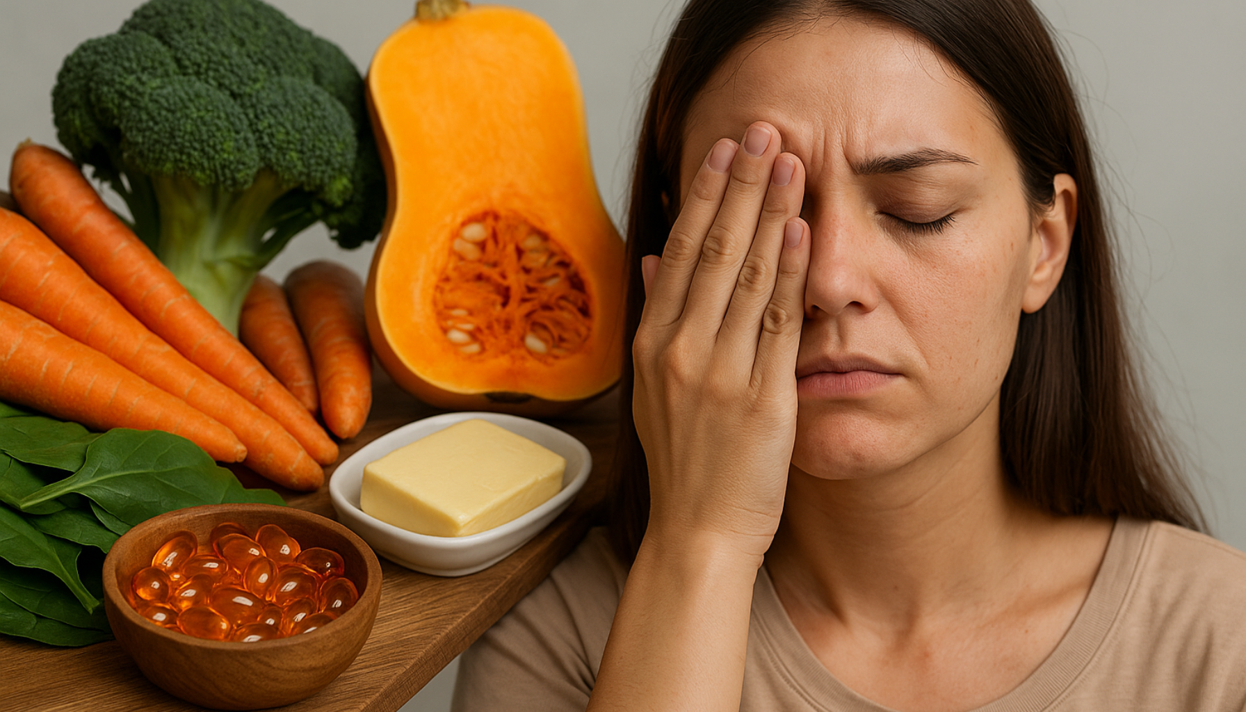 Kvinne dekker det ene øyet, omgitt av gulrot, brokkoli og kapsler – viser symptomer på vitamin A-mangel og kilder til tilførsel.