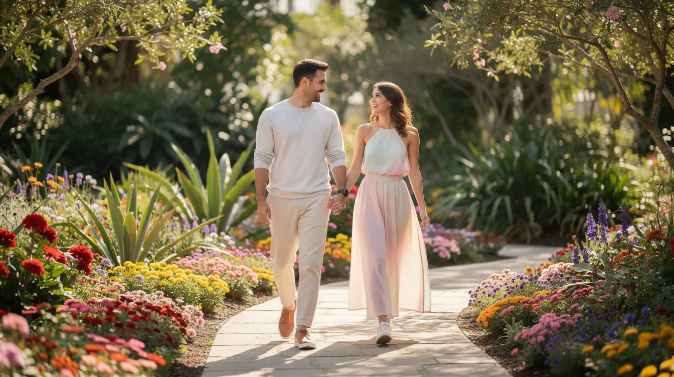 A happy couple strolls hand in hand through a vibrant botanical garden, surrounded by a variety of colorful flowers, enjoying each other's company on what could be a perfect first date idea. The lush greenery and blooming plants create a picturesque backdrop, making for a fun and romantic outing.