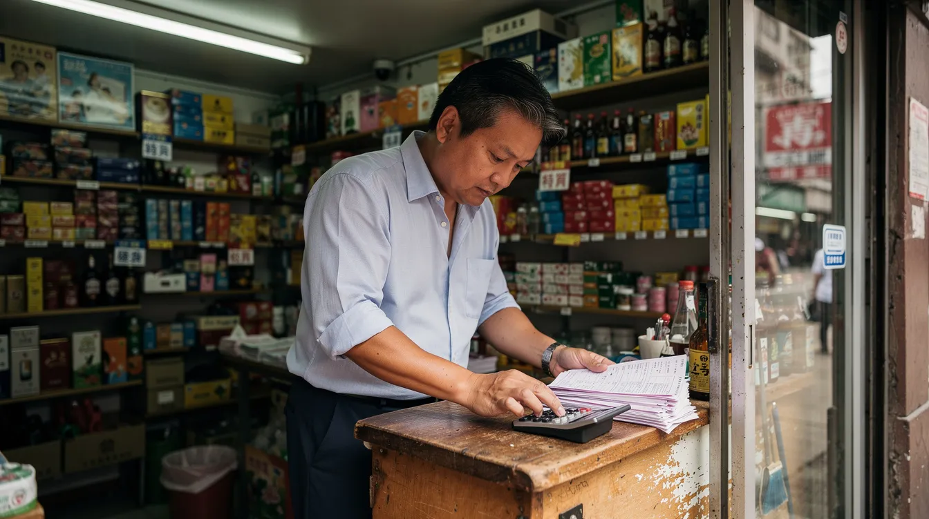 一位香港小企業老闆喺店舖內，專注審閱財務文件同用計算機，反映佢對業務財務狀況嘅細心管理同還款能力評估。