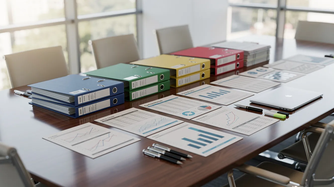 The image shows a conference table covered with neatly organized file folders and financial documents, including profit and loss statements and business tax returns, essential for the e2 visa renewal process. This comprehensive financial documentation is crucial for demonstrating the business's financial health and ongoing viability to immigration attorneys and consular officers.