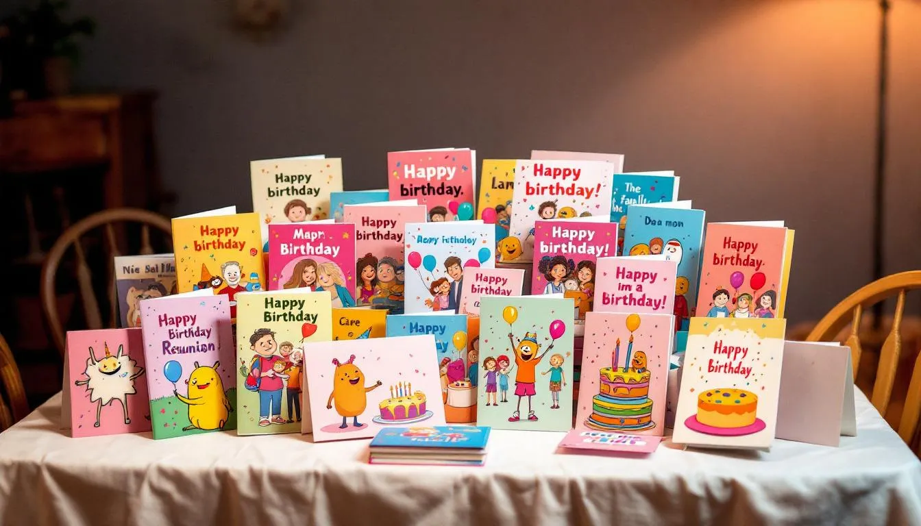 A selection of birthday cards displayed on a table, showcasing various designs.