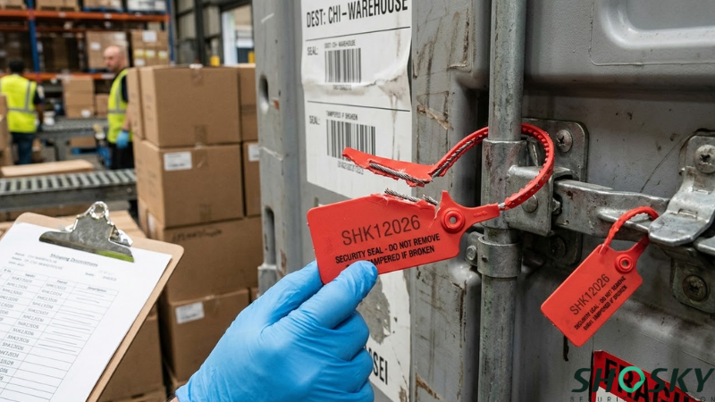 Broken tamper-evident cable seal on a cargo door during a warehouse audit