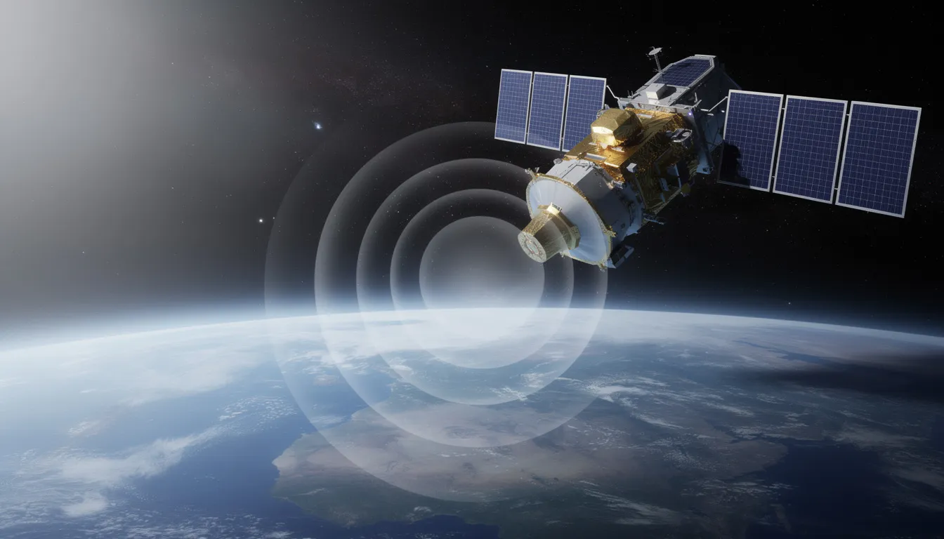 An image of a GPS satellite orbiting above Earth, with signal waves extending downward, illustrates the concept of a global positioning system (GPS) that enables accurate location data for tracking devices and vehicles. This satellite represents the technology behind GPS tracking systems, which enhance operational efficiency and fleet management through precise navigation and asset tracking.