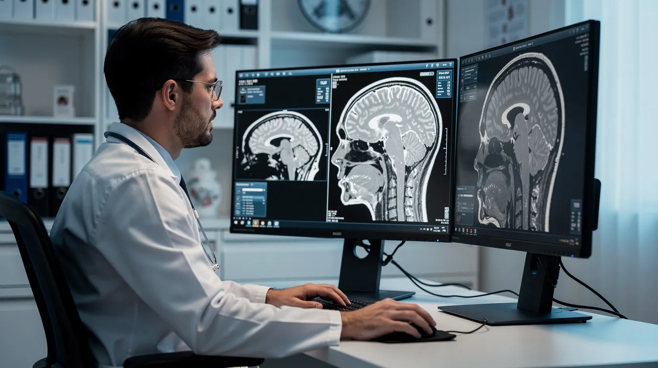 A medical professional is intently reviewing imaging scans displayed on a computer screen, focusing on the details that may relate to serious injuries often seen in truck accident cases. The environment suggests a clinical setting where medical records and treatment plans are being assessed for effective patient care.