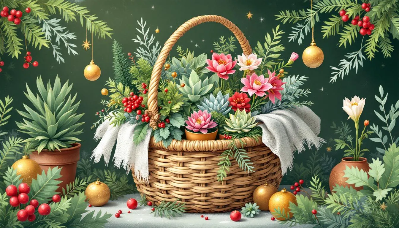 A plant lover’s Christmas basket filled with festive plants and flowers.