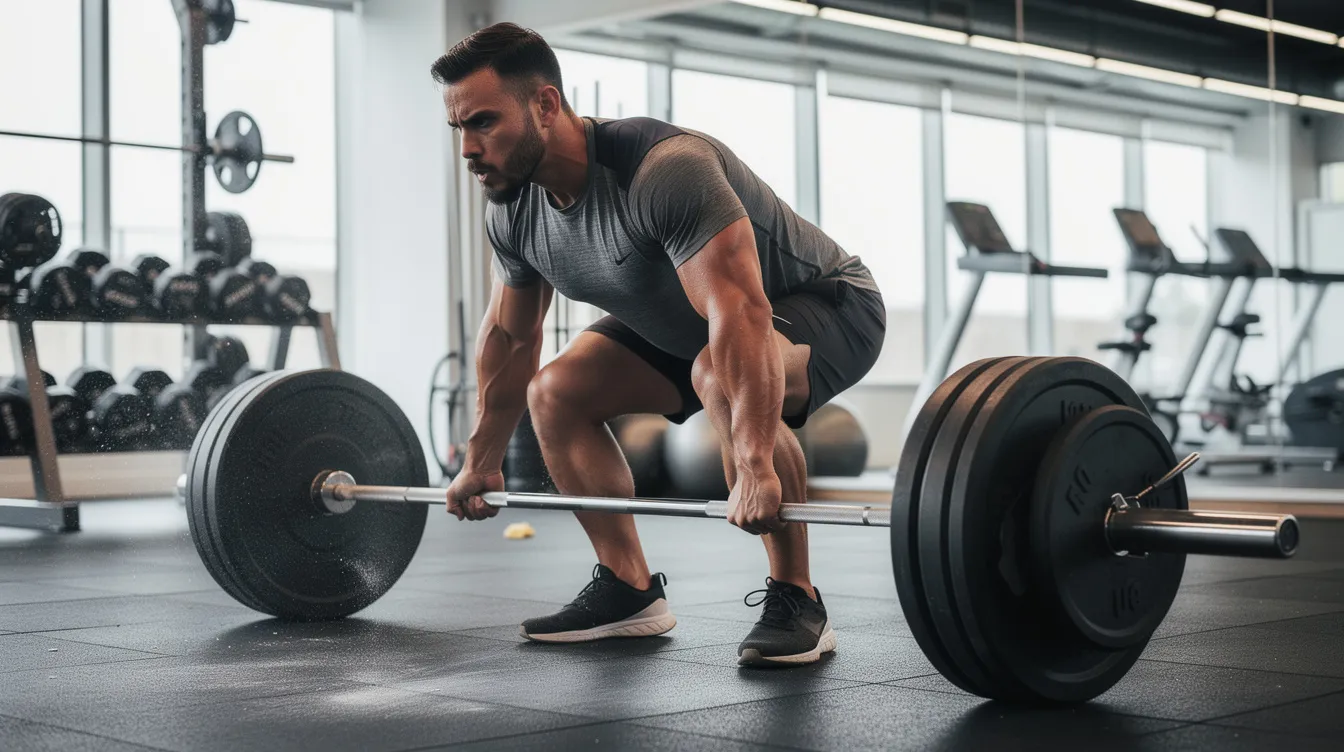 A fit man is performing a deadlift in a well-lit gym, showcasing his physical performance and strength as he lifts a barbell loaded with weights. This scene highlights the importance of exercise for overall well-being and male health, contributing to increased energy levels and vitality.