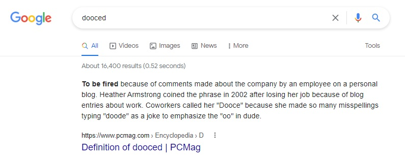Image of Google Search Term 'Dooced' | TheBloggingBox.com