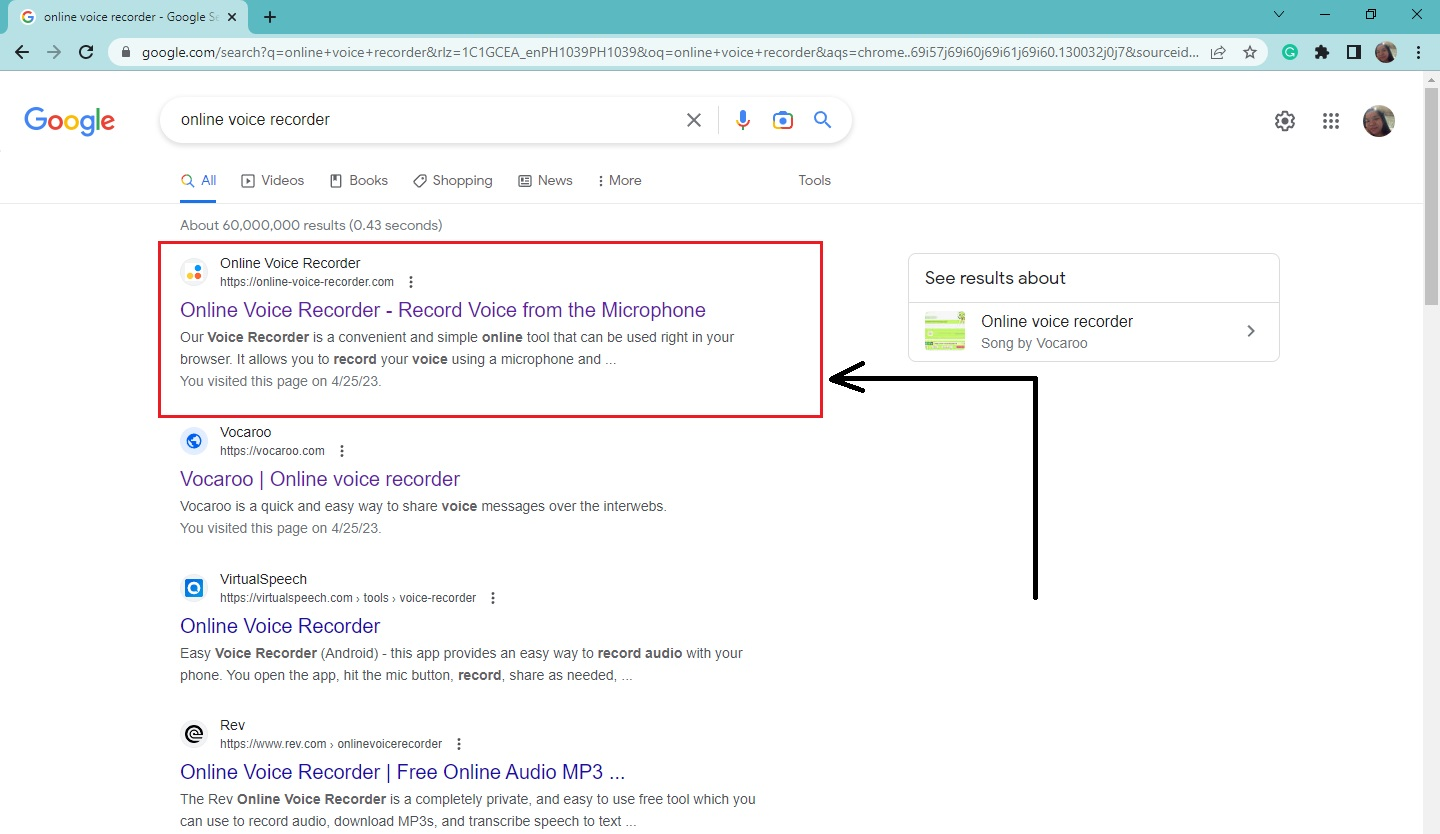 Then click the online voice recorder on the Google search results.
