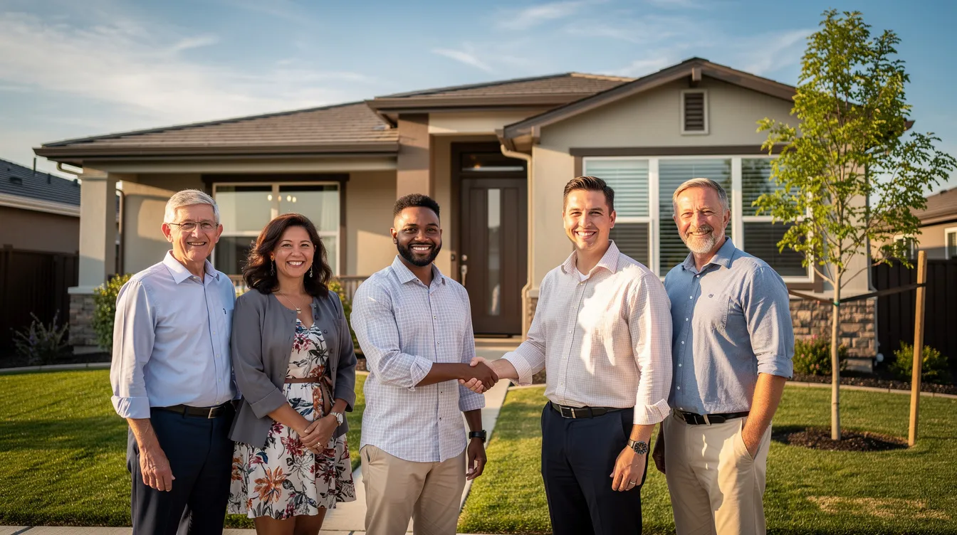 The image shows a diverse group of individuals shaking hands in front of a residential property, symbolizing a successful real estate transaction. This scene reflects themes of home equity lines and investment properties, emphasizing the collaborative nature of securing financing for non owner occupied homes.