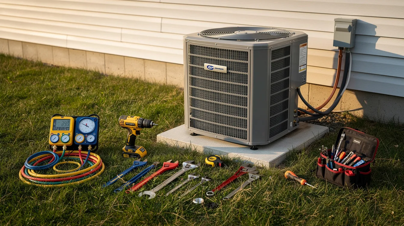 The image shows various HVAC tools positioned beside a new Lennox air conditioner condenser, which is ready for installation. This setup highlights the importance of efficient air conditioning systems and the tools necessary for proper installation and maintenance.