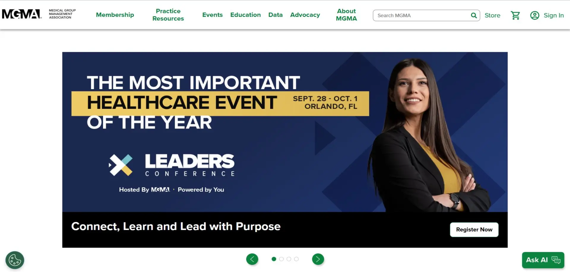 Homepage of MGMA website