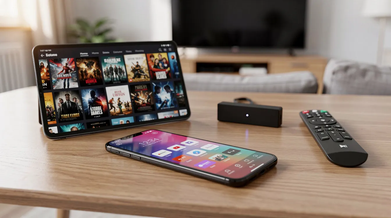 L'image montre plusieurs appareils de streaming disposés sur un bureau, y compris un téléphone mobile, une tablette, une clé de streaming et une télécommande de télévision. Ces appareils offrent un accès à divers services IPTV, permettant de regarder des films, des séries et des sports en haute qualité.