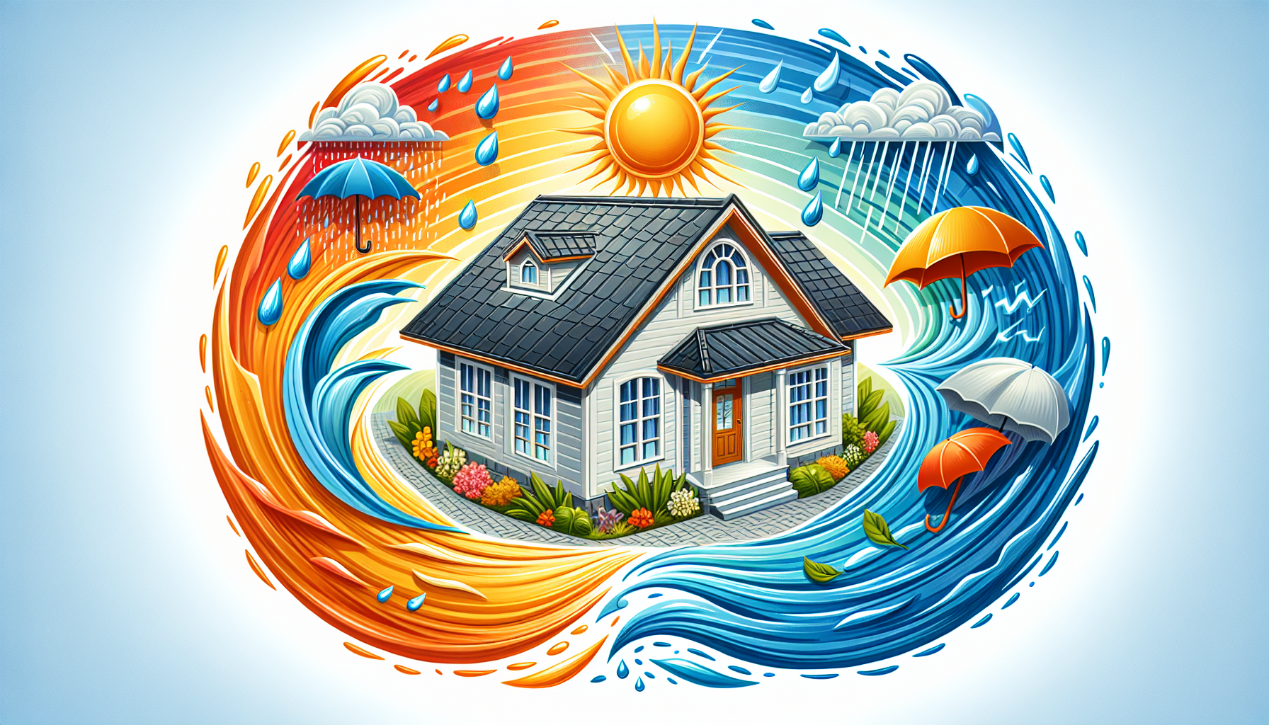 An illustration showing various factors influencing roof inspection frequency, including climate and roofing material.