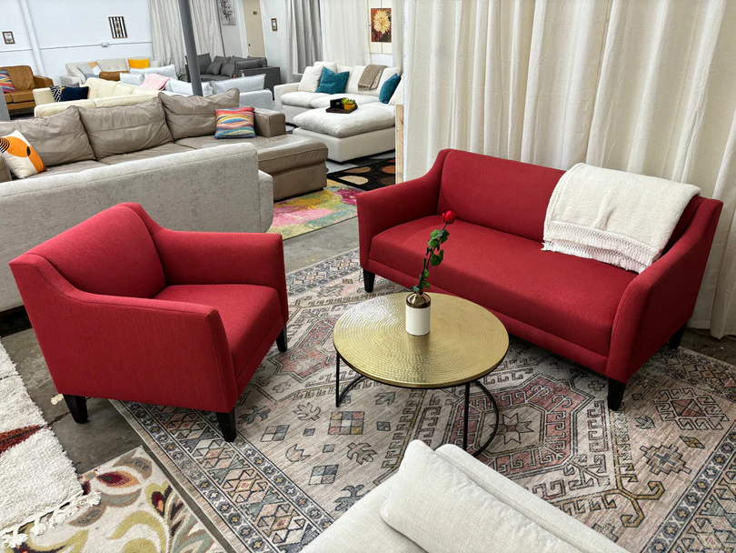 A stylish sofa in a modern living room with vibrant hues and performance fabrics.