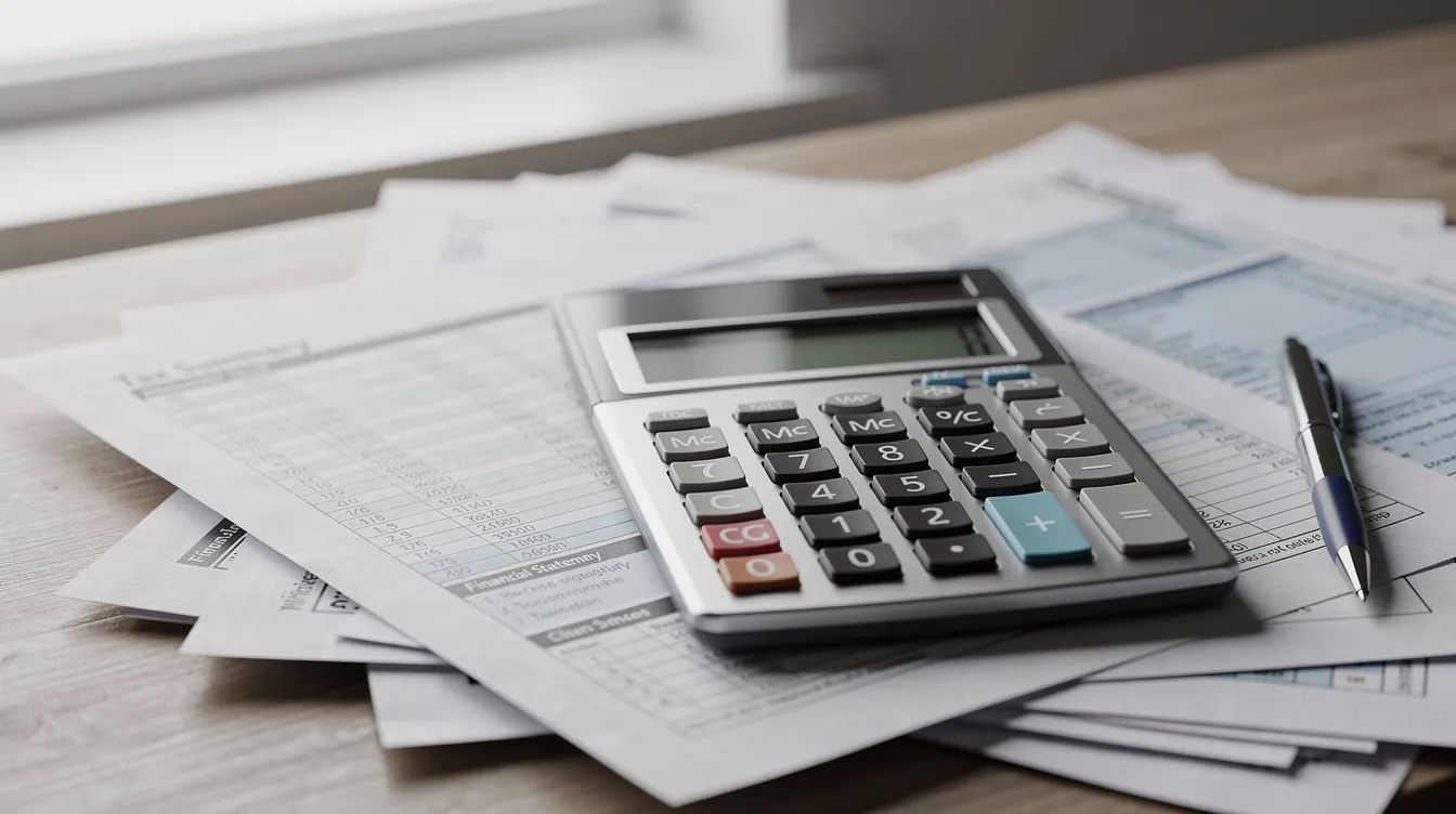 The image shows a calculator placed on top of various printed tax documents and financial statements, which may include information about Roth IRA contributions, tax filing status, and retirement savings strategies. This setup suggests a focus on calculating tax implications and planning for tax-free growth in retirement accounts.