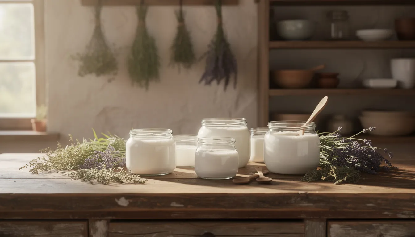 The image depicts a rustic kitchen scene featuring glass jars filled with a white creamy substance, likely whipped tallow balm, alongside an assortment of dried herbs. The warm, inviting atmosphere suggests a focus on natural ingredients and homemade skincare, perfect for those interested in DIY tallow balm recipes.
