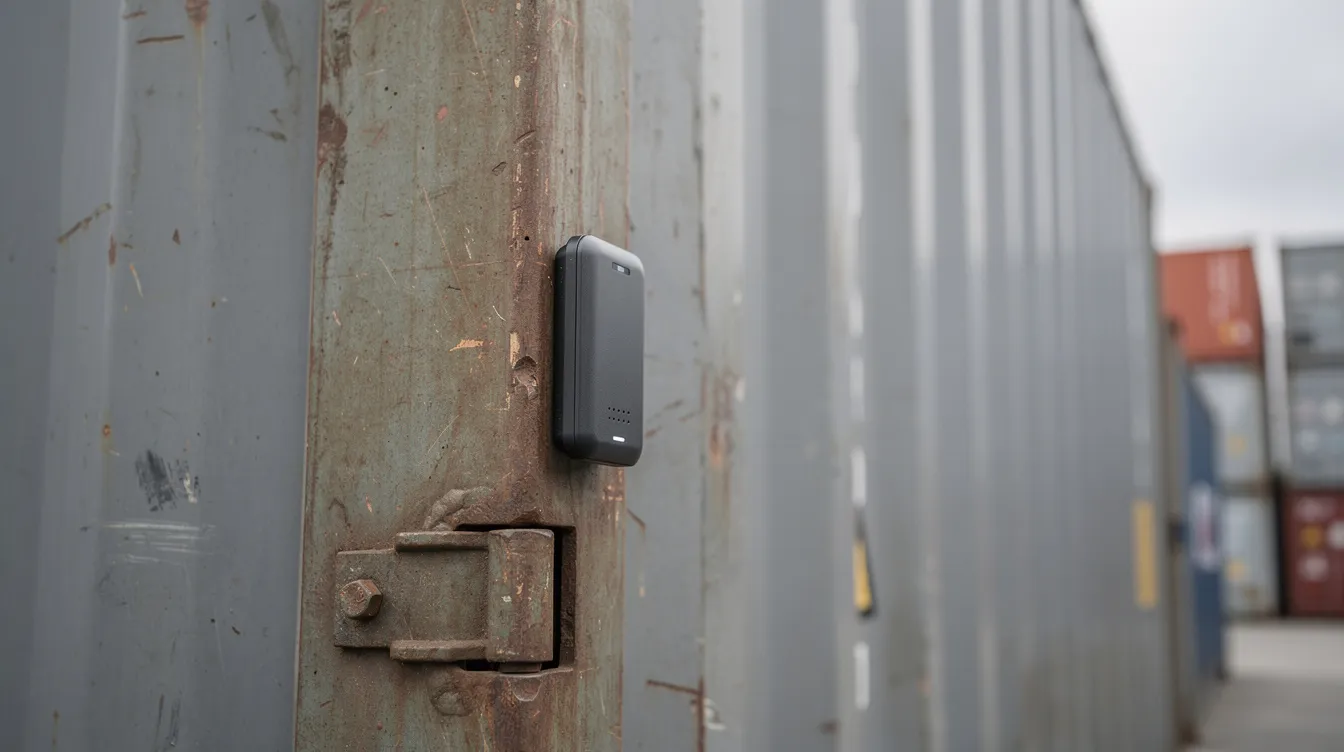 A close-up image of a shipping container features a magnetic GPS tracking device affixed to its exterior corner, showcasing the device's role in tracking assets and transmitting location data for fleet management. This GPS technology enables real-time tracking and precise location monitoring, essential for optimizing routes and ensuring the safety of valuable assets.
