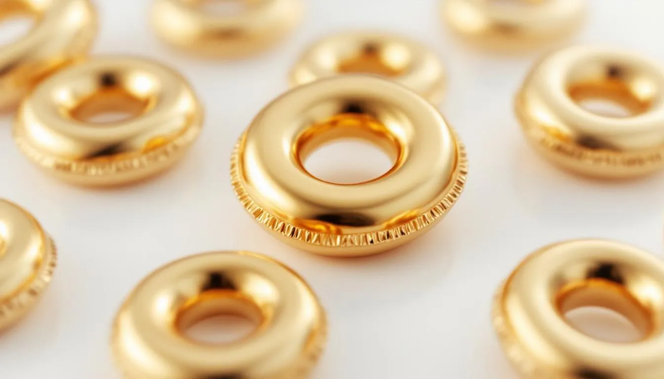 The image features a collection of golden donuts jewelry, including stylish chain bracelets and bangles made from luxurious materials like gold and silver. These elegant pieces are designed to complement any outfit, perfect for women looking to add excitement and style to their look, whether for day or night wear.