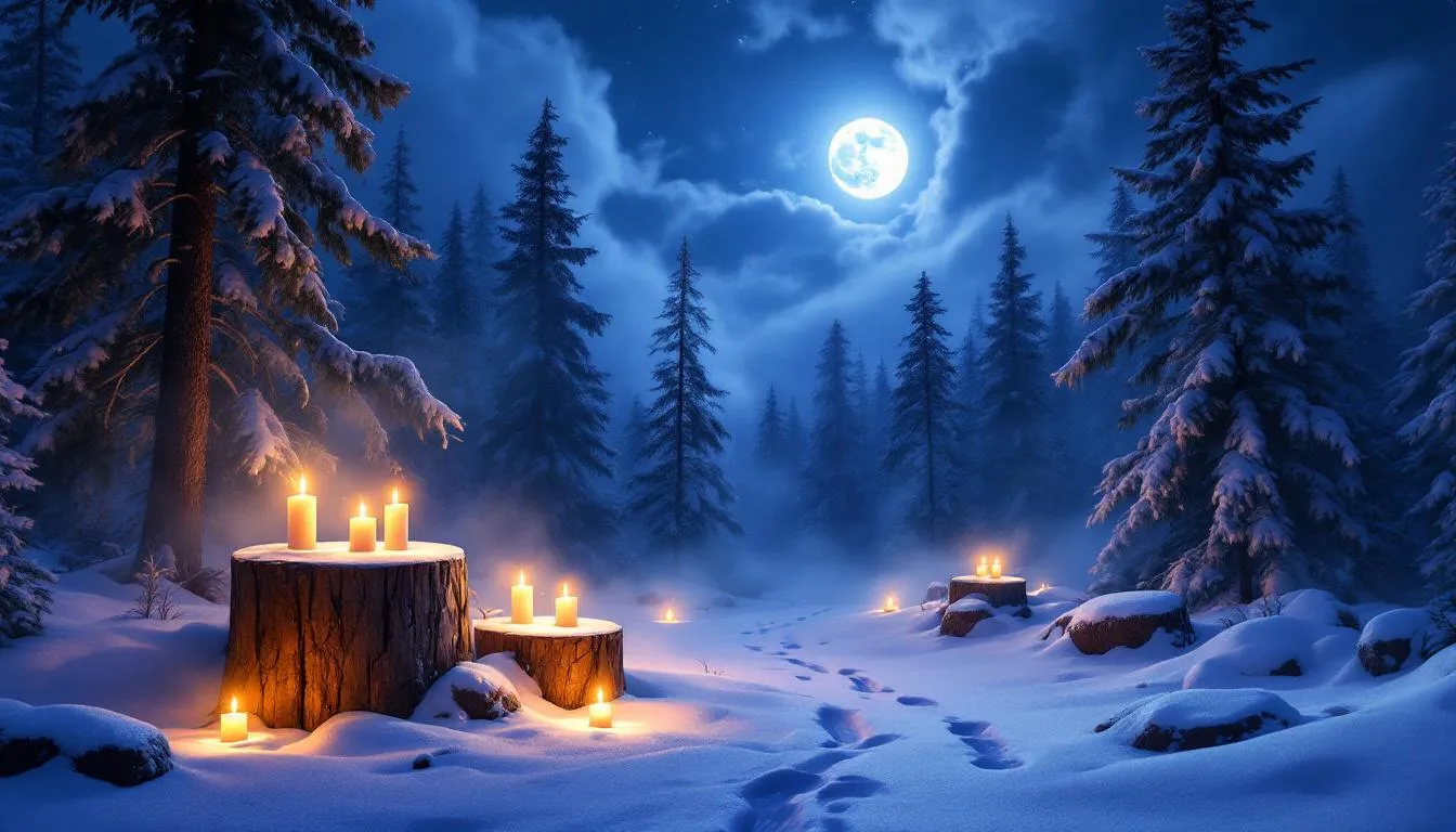 In dieser mystischen Winterlandschaft bei Nacht sind Kerzen in der Dunkelheit erleuchtet, umgeben von dichtem Nebel, der eine geheimnisvolle Atmosphäre schafft. Diese Szenerie spiegelt die Magie und die Rituale der Rauhnächte wider, eine Zeit der Besinnung und des Übergangs ins neue Jahr.