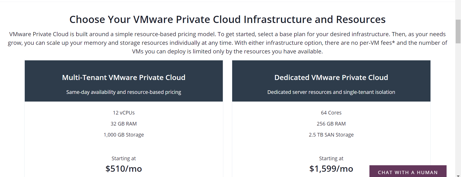 Screenshot of VMWare Private Cloud pricing
