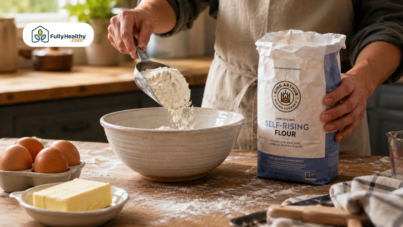 Person scooping self-rising flour into mixing bowl with eggs and butter nearby