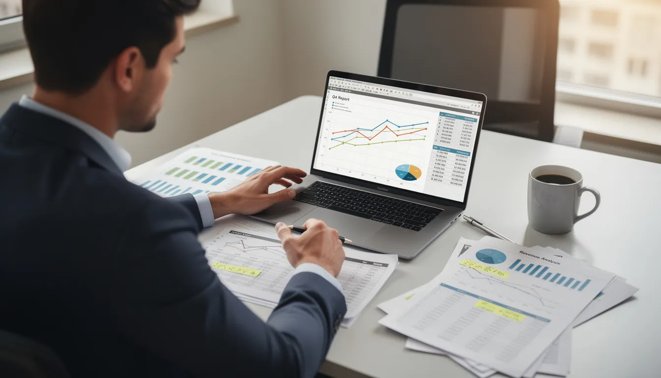 A person is intently reviewing financial documents and charts displayed on their laptop, likely analyzing data related to rental properties and investment strategies in the real estate market. This scene embodies the dedication required in real estate investing, where aspiring investors and real estate professionals work towards achieving financial freedom through informed decision-making.