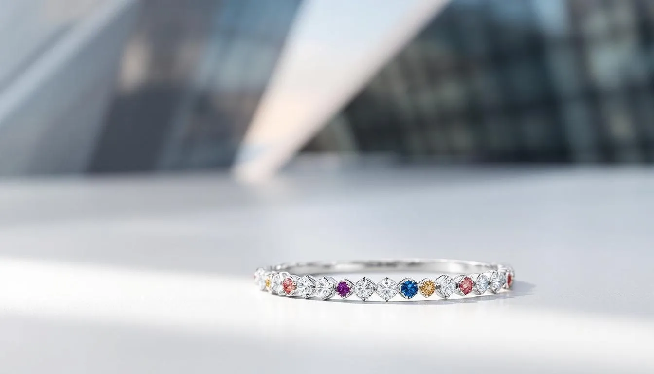A silver bracelet with special features like cubic zirconia and birthstones.