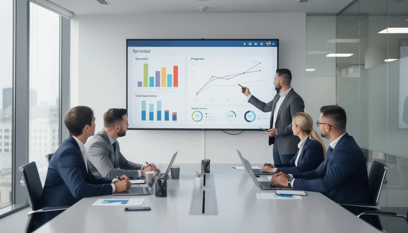 Zespół sprzedaży analizuje dane na dużym ekranie podczas spotkania w nowoczesnym biurze, koncentrując się na usprawnieniu procesów sprzedażowych i identyfikacji kluczowych obszarów do poprawy. W tle widać elementy technologiczne, które wspierają efektywne zarządzanie i analizę wyników sprzedaży.