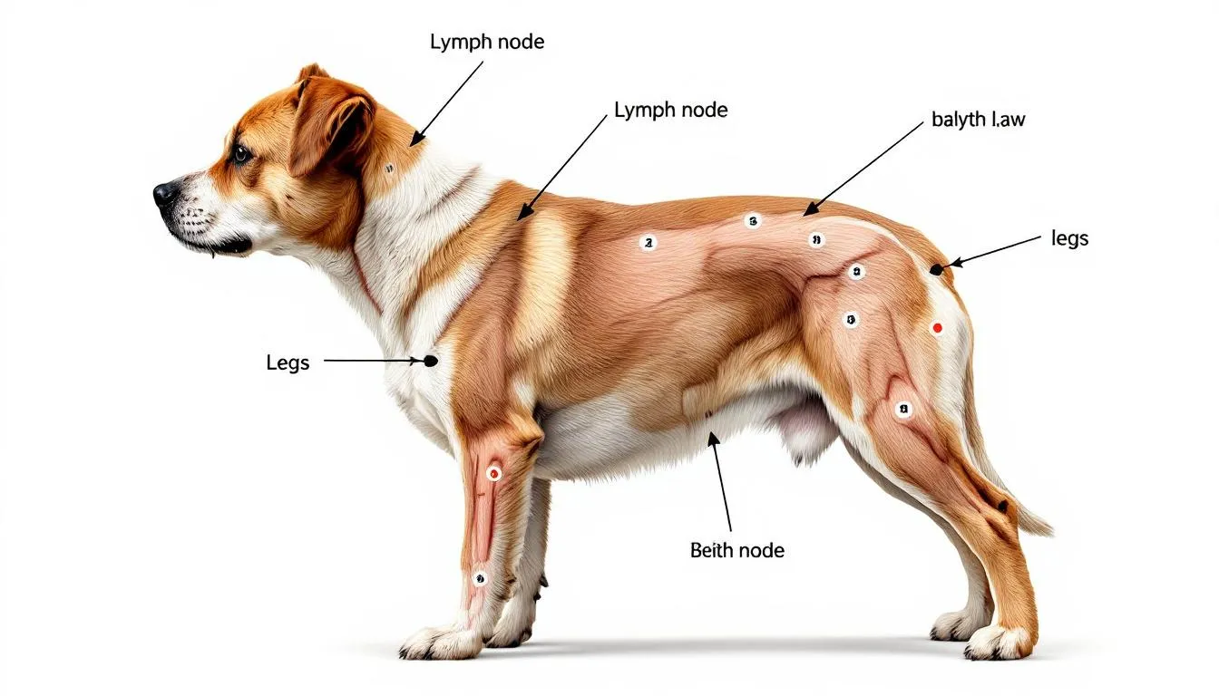 A side view of a mixed breed dog highlights the location of common lymph nodes that pet owners should monitor for signs of cancer, such as swelling or unusual lumps. This visual guide can aid in the early detection of canine cancers, including mast cell tumors and lymphoma, and emphasizes the importance of routine checkups with veterinarians to ensure accurate diagnosis and treatment options.