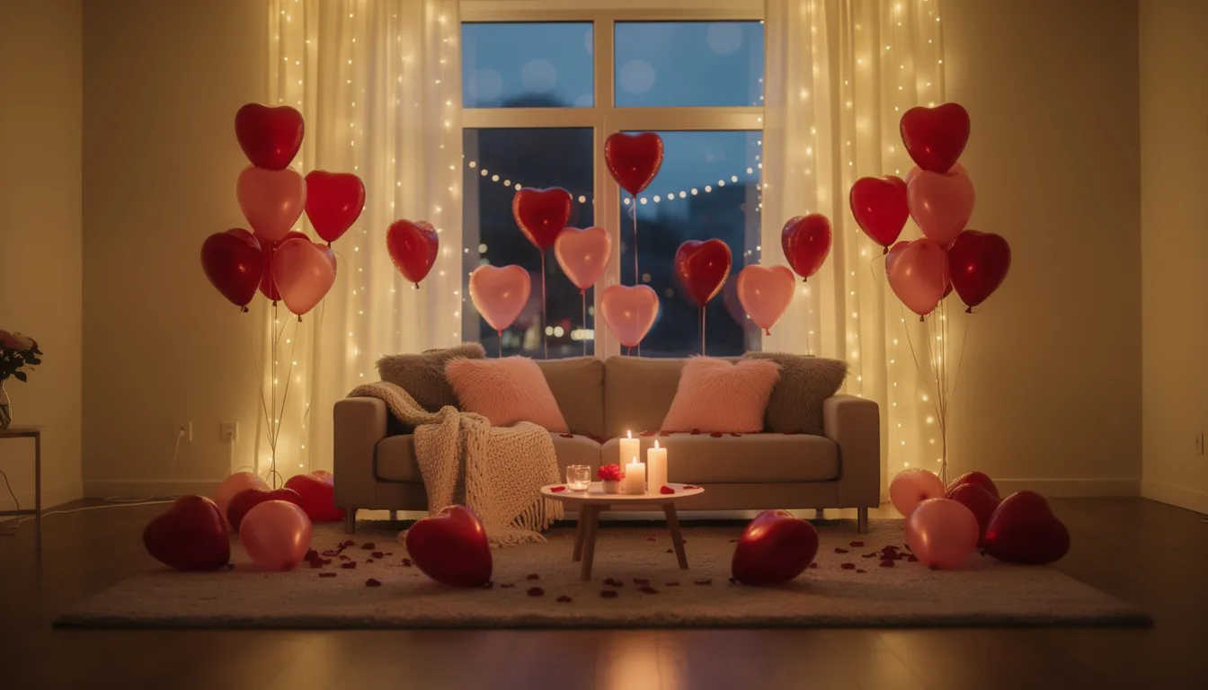 The image shows a cozy living room filled with heart-shaped balloons and twinkling fairy lights, creating a romantic atmosphere perfect for Valentine's Day celebrations. This charming setup makes for a thoughtful gift idea for a loved one, ideal for a memorable date night.