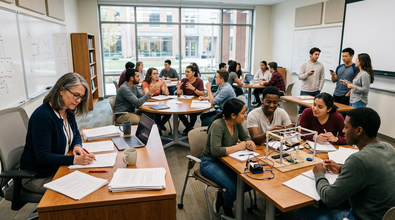 Professional academic environment showing an instructor grading essays and short-answer assignments while students participate in engaging classroom discussions, quizzes, and hands-on learning activities.